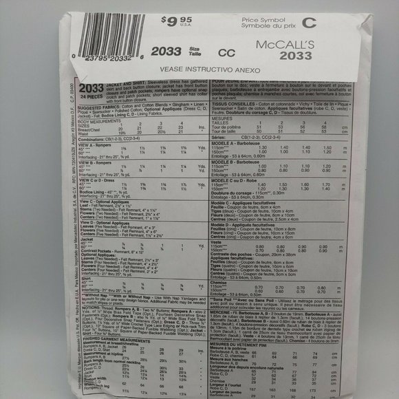 McCalls 2033 Childs CC 2,3,4 Uncut Sewing Pattern - Picture 3 of 4
